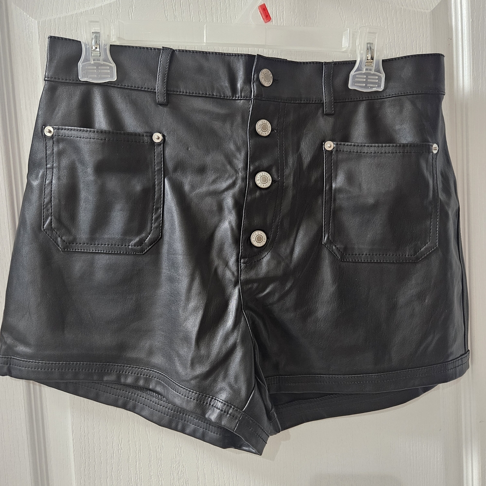 Love Tree Black High Waist Button Vegan Leather Shorts